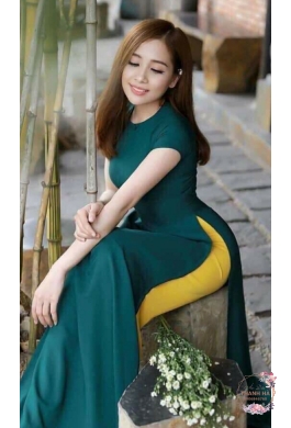 Áo dài trơn xanh cổ vịt